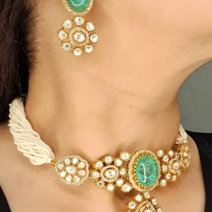 Moissanite Polki Fusion Choker Set with Emerald Green Stones