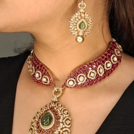 TLJB-NK-019_1 Fusion Kundan Necklace Set with Rubies and Emerald Stones
