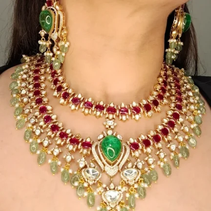 TLJB-NK-020_1 Multi Layered Moissanite Polki Fusion Kundan Heavy Set