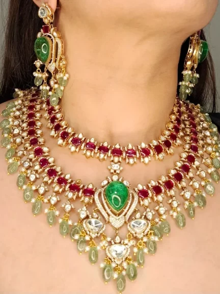 Multi Layered Moissanite Polki Fusion Kundan Heavy Set