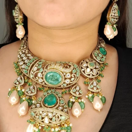 Moissanite Polki Fusion Kundan Necklace Set with Pearl Drops