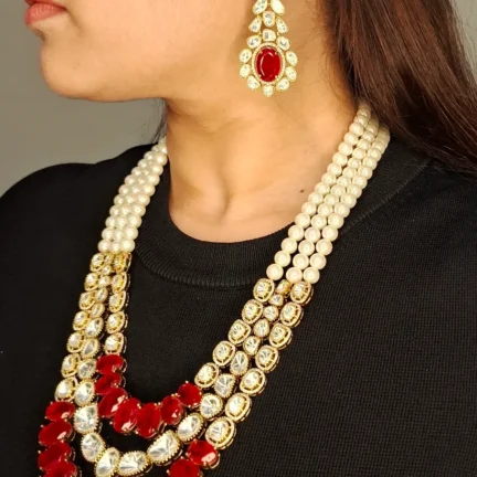 Triple Line Long Length Necklace Set with Ruby Red Stones