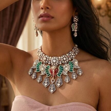 Royal Elephant Motif Fusion Kundan Necklace Set