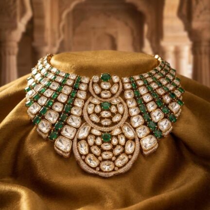 Moissanite Polki Fusion Necklace Set with Emerald Green Stones