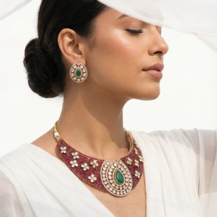 Designer Fusion Kundan Collar Set with Rubies and Emerald