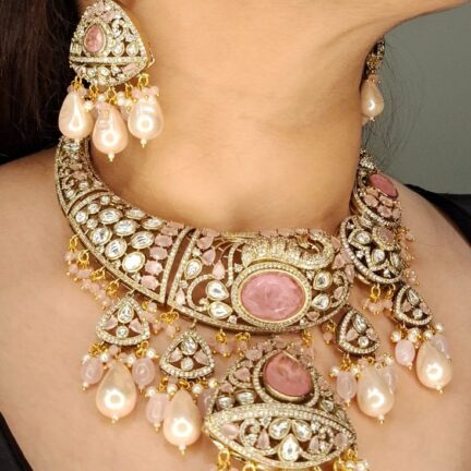 Moissanite Polki Fusion Kundan Set - Pink Topaz & Pearls