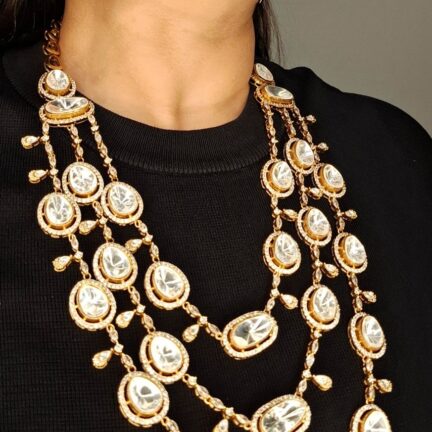 Triple Line Moissanite Polki - Columbian Emerald & Pearls