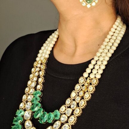 Triple Line Moissanite Polki - Green Kundan & Pearls