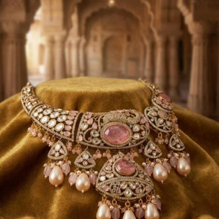 Moissanite Polki Fusion Kundan Set - Pink Topaz & Pearls