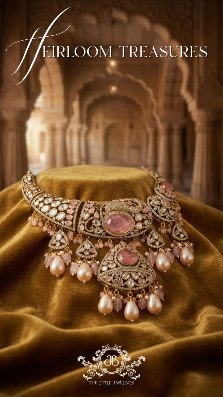 Moissanite Polki Fusion Kundan Set - Pink Topaz & Pearls