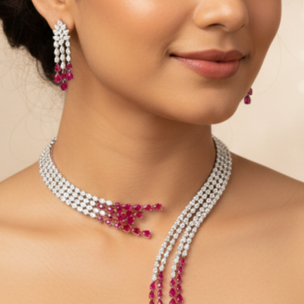 Untitled design (4) Designer Cz Korean Spring Collar Necklace set in rubies