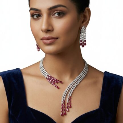 Designer Cz Korean Spring Collar Necklace set in rubies