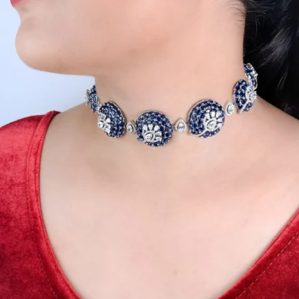 IMG_6388 Blue Stone Floral Choker Necklace Set