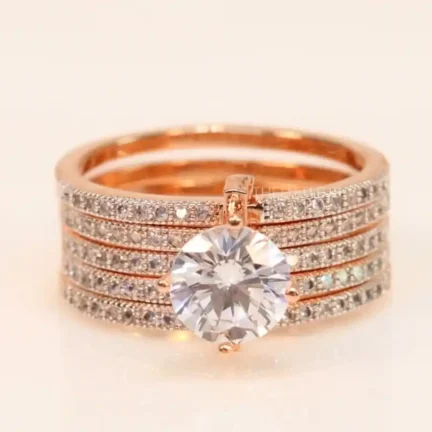 Multilayered broad cz ring in rose gold finish with 1.2ct sized solitaire