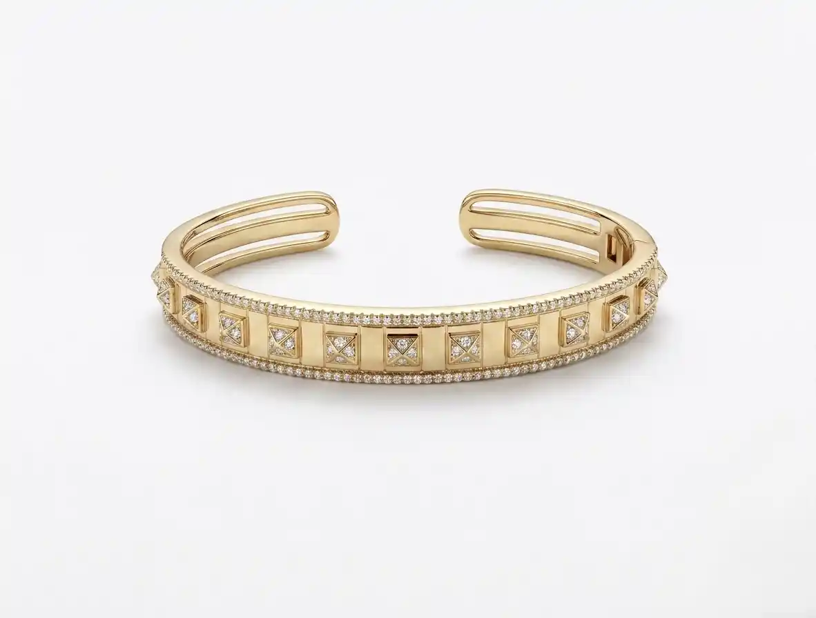 Gold plated pyramid CZ open cuff bracelet - Image 2