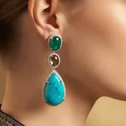 Authentic natural Tri-Stone Turquoise Drop Earrings