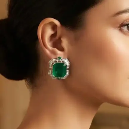 Authentic Natural Emerald Green Crystal Statement Stud Earrings