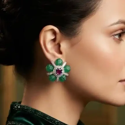 Authentic Semi-Precious Emerald Floral Statement Stud Earrings