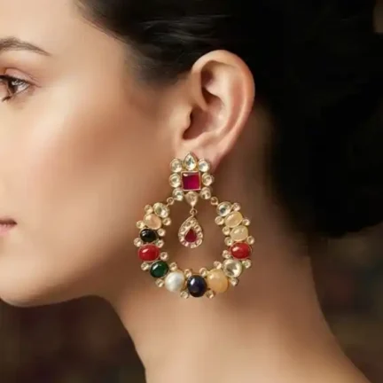 E15 Authentic Natural Stone Multicolour Kundan Chandbali Earring