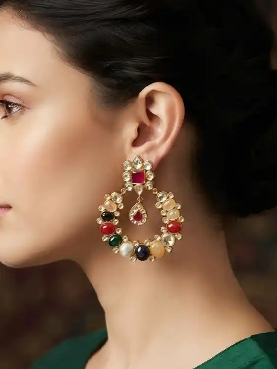 Authentic Natural Stone Multicolour Kundan Chandbali Earring
