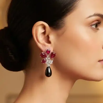 E16 Authentic Natural Stone Ruby Floral Black Teardrop Earrings