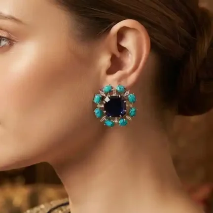 Authentic Semi-Precious Stone Turquoise Halo Statement Stud Earrings