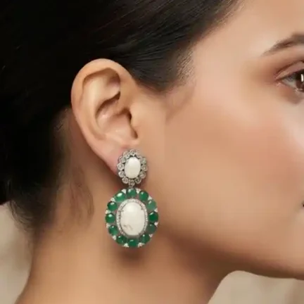 Authentic Semi-Precious Stone Pearl & Emerald Halo Drop Earrings