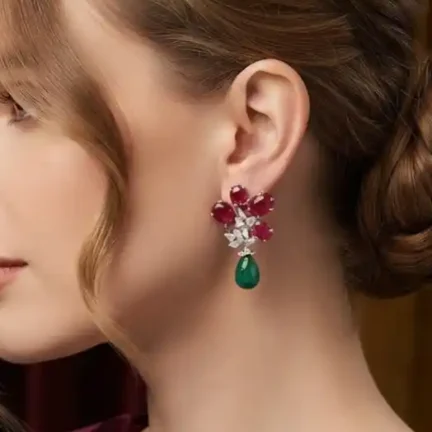 Authentic Natural Stone Ruby Floral Emerald Drop Earrings