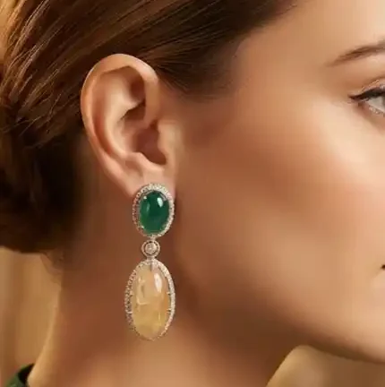Authentic Natural Stone Green & Golden Oval Drop Earrings