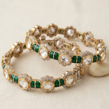 B 1 Openable Antique Gold Plated Green enamel & CZ Kundan Bangles (pair)
