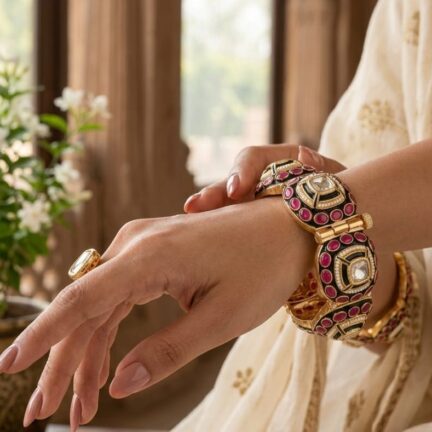 B 4 Openable Gold Plated Ruby Pink Kundan Bangles with deep green enamel (pair)