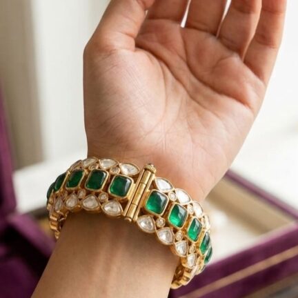 B 5(1) Openable Ethnic Gold Plated Green CZ Kundan Statement Bracelet (single)