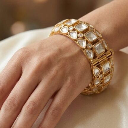 B 6 Openable Ethnic Gold Plated Royal CZ Kundan Statement Bracelet (Single)