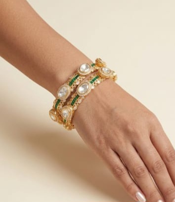 B 8(1) Openable Gold Plated Green CZ and oval polki kundan Oval Bangles
