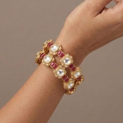 B 9 Openable Antique Gold Plated Maroon enamel & CZ kundan Bangles