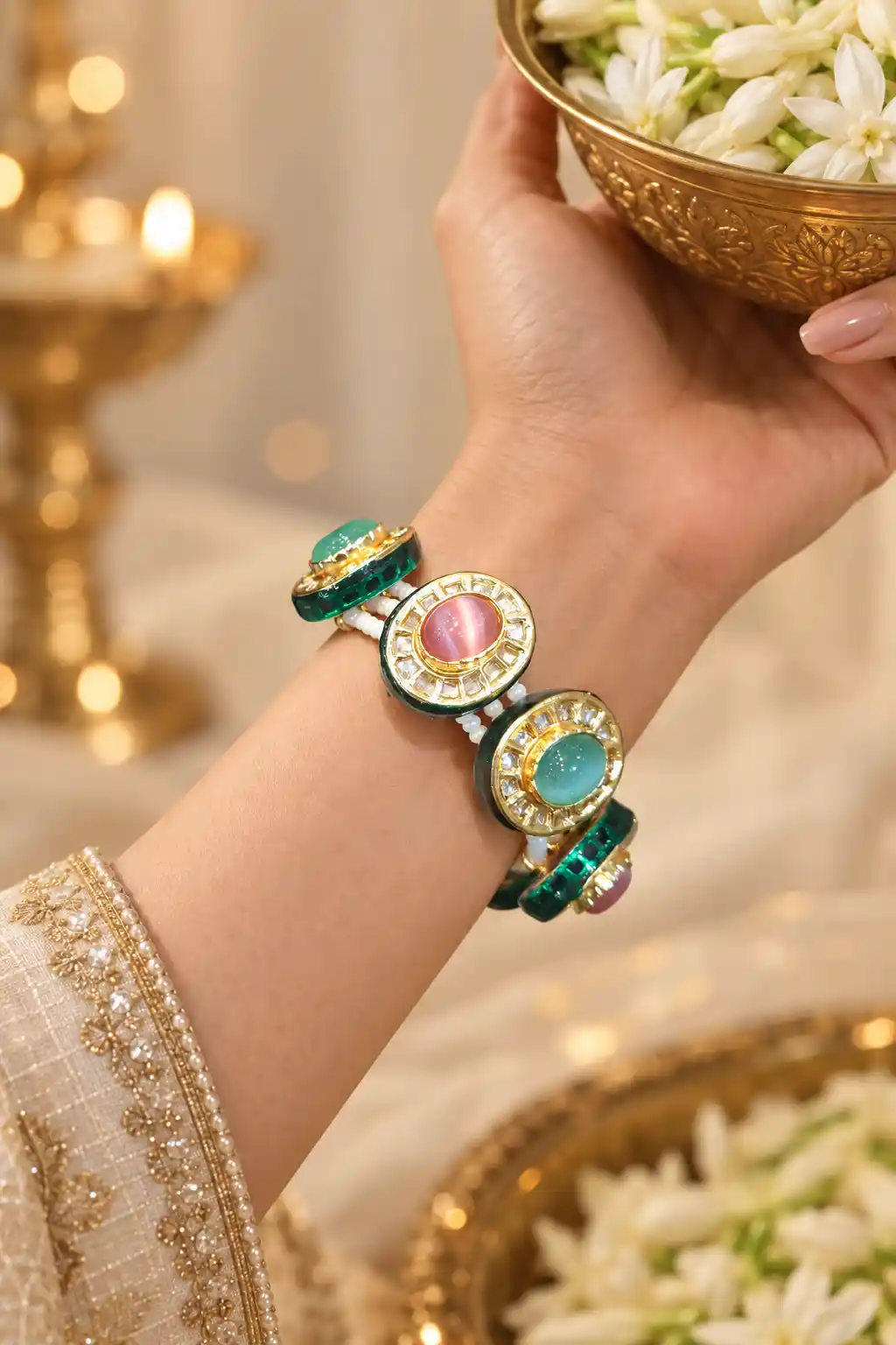 Heritage Polki & Pastel Gemstone Statement kundan Bracelet