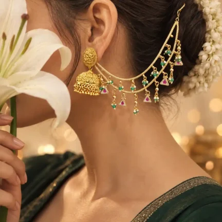 TLJB-L149-001-KC Heritage Gold-Plated Layered Ear Chain with green and pink stones. (Ear chain only)