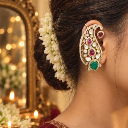 TLJB-L149-002-ER Gold-Plated CZ Paisley kundan Ear Cuff with Emerald-Green Drop
