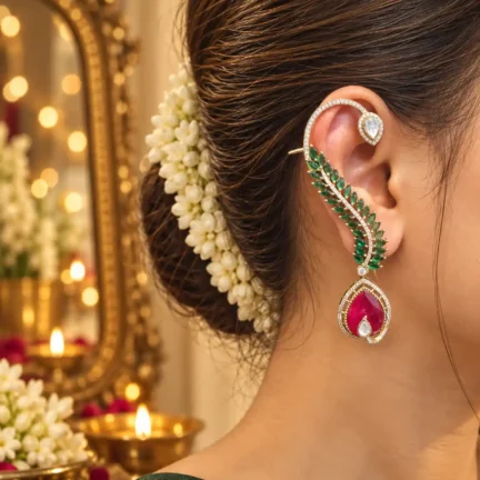 TLJB-L149-003-ER Gold-Plated CZ Vine Ear Climber with Red Teardrop