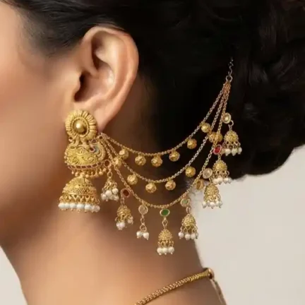 TLJB-L149-003-KC Heritage Gold-Plated Mini Jhumki Ear Chain with kundan ( Ear chain only)