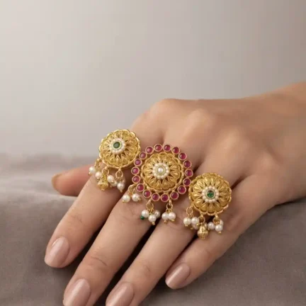 Heritage Gold-Plated rubies, emerald & Pearl Triple Ring Set
