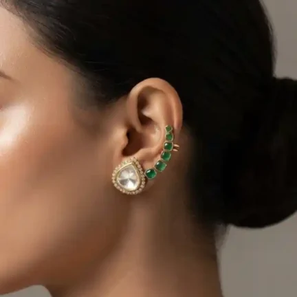 TLJB-L149-007-ER Heritage Gold kundan & CZ studded Emerald Green Ear Cuff