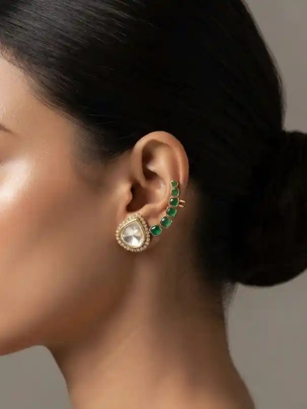 Heritage Gold kundan & CZ studded Emerald Green Ear Cuff