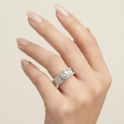 TLJB-L150-002-R-1 Platinum Plated Round 7mm Solitaire CZ Ring with Baguette and Pavé Band