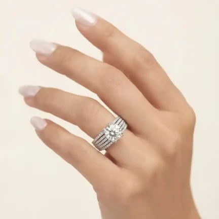 TLJB-L150-003-R-1 Platinum plated CZ 8mm Solitaire Ring with Multi-Layer Pavé Split Shank Band