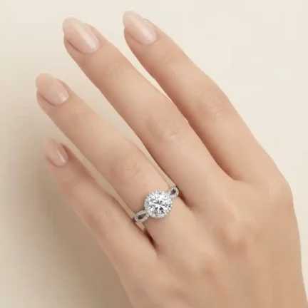 TLJB-L150-004-R-1 Platinum plated CZ 8mm Halo Solitaire Ring with Split Pavé Band