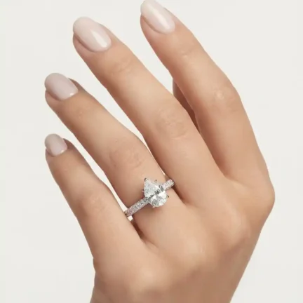 TLJB-L150-005-R-1 Platinum plated Teardrop CZ (10mm x 7mm) Solitaire Ring with Pavé Band