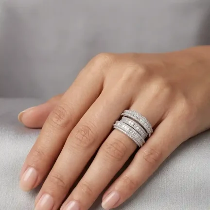 Platinum Plated Triple Layered CZ Baguette and Pavé Band
