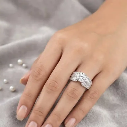 Platinum Plated Statement CZ  8mm Solitaire Ring with Wide Baguette Band