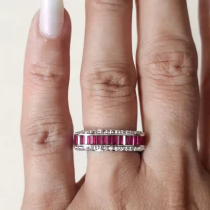 Platinum Plated Ruby-Colored Baguette and CZ Pavé Eternity Band